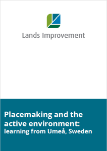 Logo with green and blue geometric shapes above "Lands Improvement" text, white background with teal banner containing white text about placemaking.
