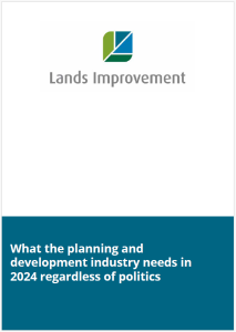 Document cover with green geometric logo above "Lands Improvement" text, white background, teal banner below with white text about planning and development industry needs in 2024.