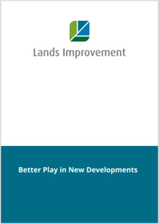 Corporate brochure cover with green and blue square logo, grey "Lands Improvement" text, and teal banner reading "Better Play in New Developments"