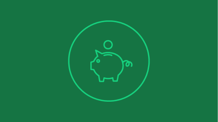 Light green piggy bank icon with coin above it, enclosed in circular outline on dark green background.