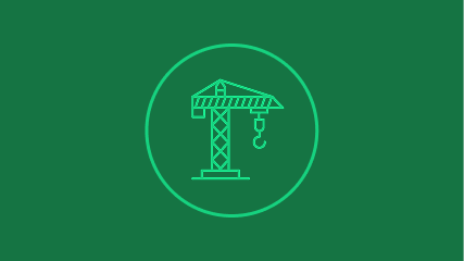 Green construction crane icon in lighter green circle on dark green background.