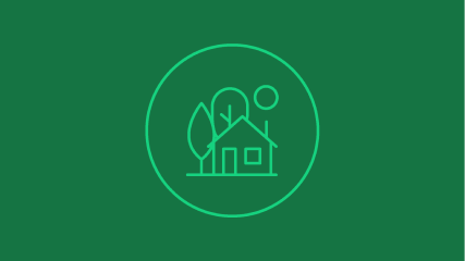 Green illustration featuring circular outline containing simple line drawings of trees, house, and sun on dark green background.