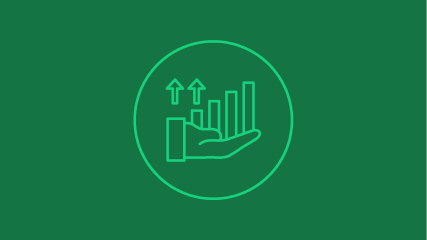 Green icon on dark green background showing hand holding bar chart with upward arrows inside circular outline.