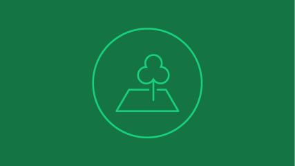 Green circular icon on dark green background showing outlined tree above geometric shape resembling open book or folded paper.