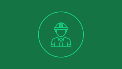 Green background with circular outline containing line drawing of person wearing hard hat, all in lighter green tones.