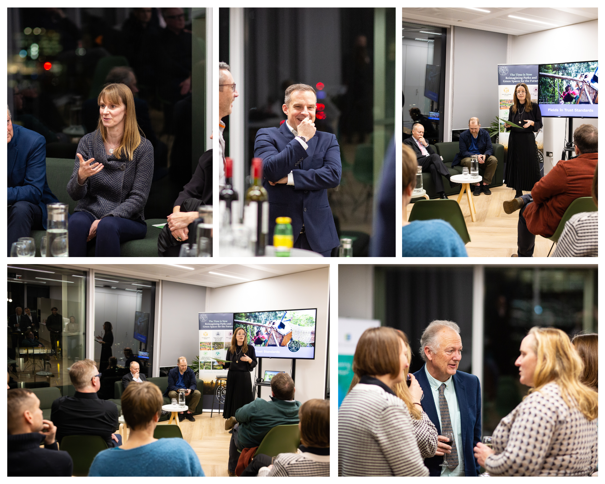 Business meeting collage showing professionals in suits presenting to seated audience, with screens displaying content in modern office setting.
