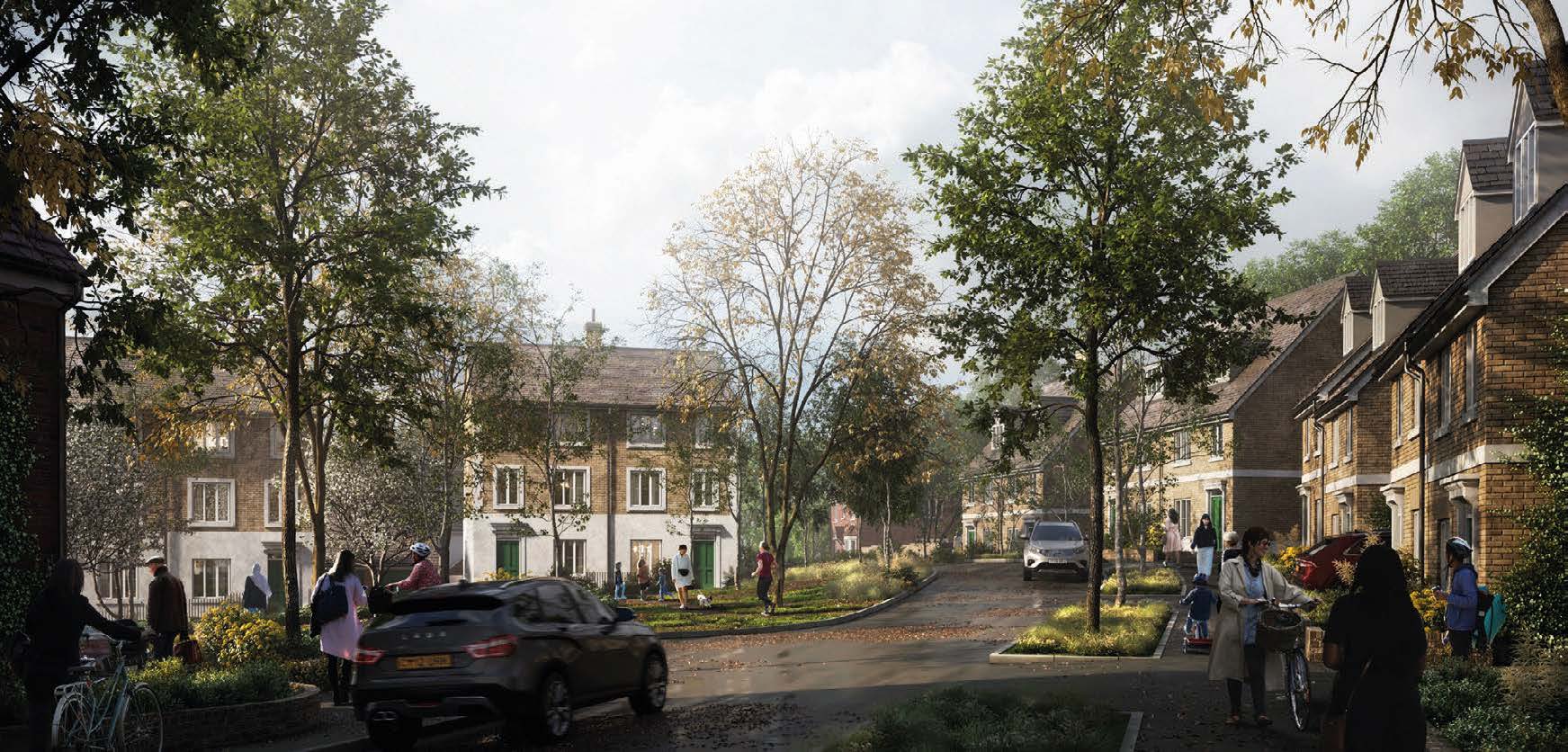 Residential street with brick terraced houses, mature trees, parked cars, and pedestrians on pavements under overcast sky.