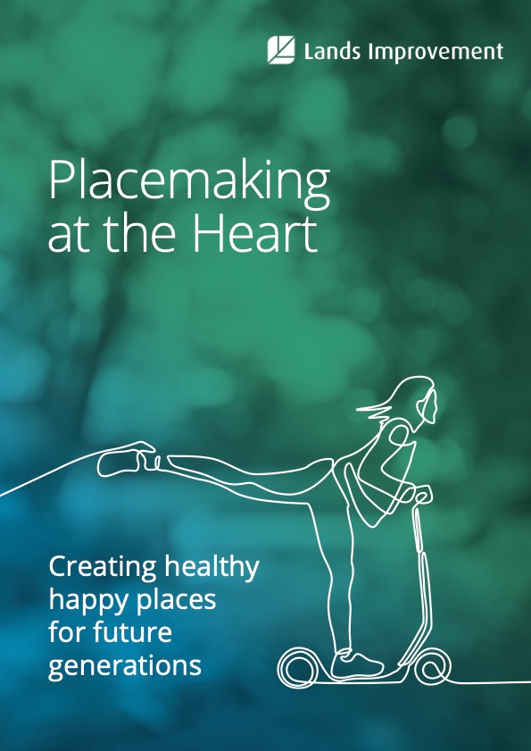Green and blue gradient background with white text "Placemaking at the Heart" and white line drawing of person on scooter.