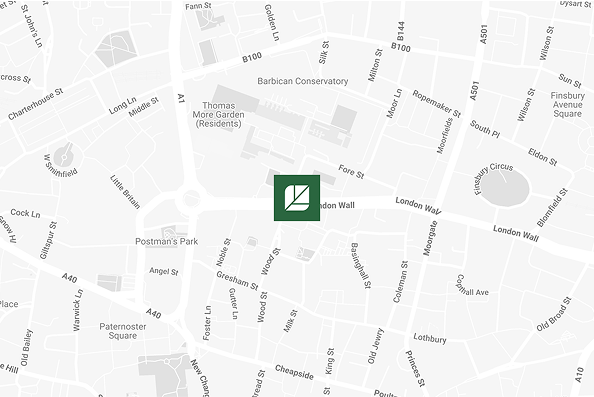 Map showing street layout with green square marker containing white arrow symbol positioned near London Wall street label.
