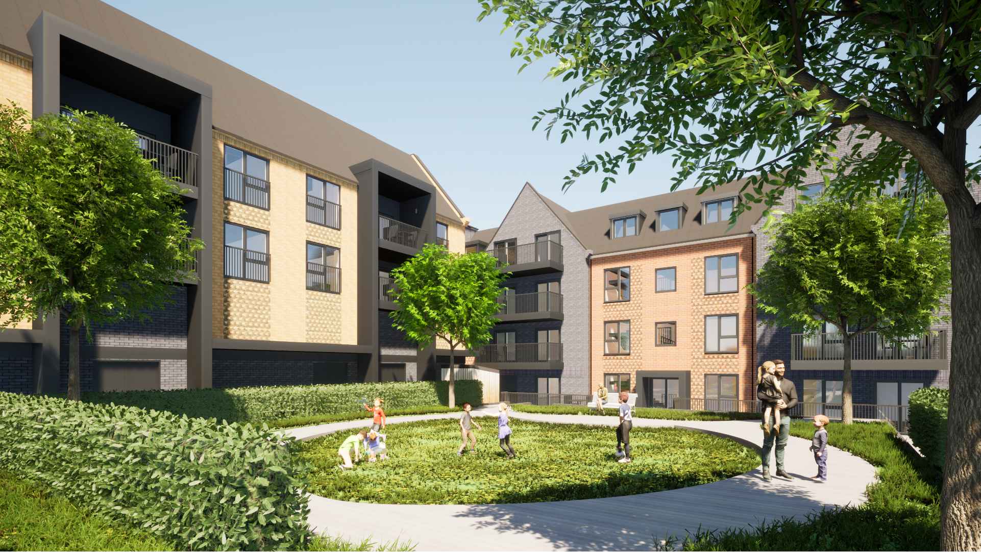 Modern residential development with multi-storey buildings in beige and grey tones surrounding green central courtyard with trees and pathways.