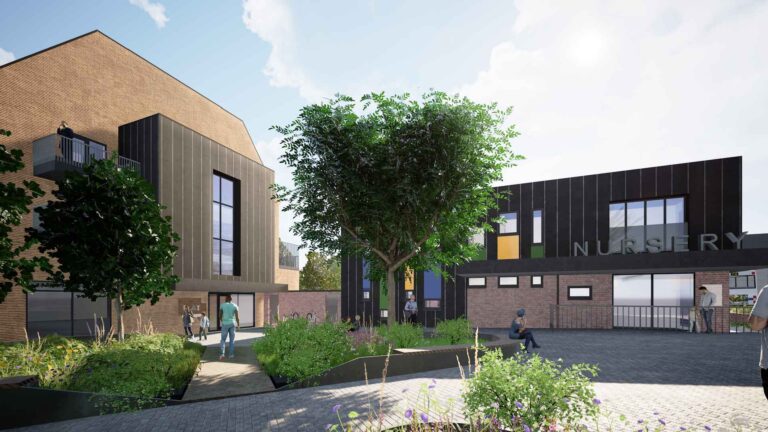 Modern residential development with light brown and dark timber-clad buildings, landscaped gardens, and cloudy sky.