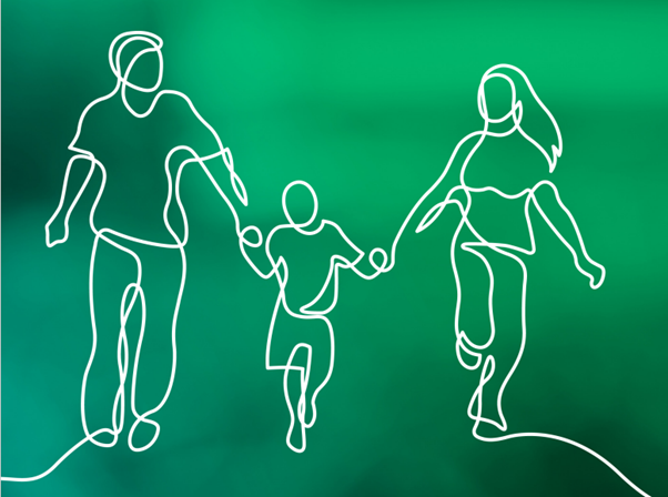 White line drawing of three figures holding hands on green gradient background. Larger figures on left and right, smaller figure in centre.