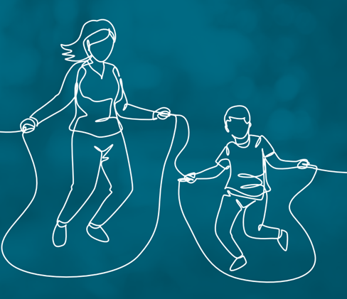 White line drawing on teal background showing adult and child figures holding skipping ropes in jumping positions.
