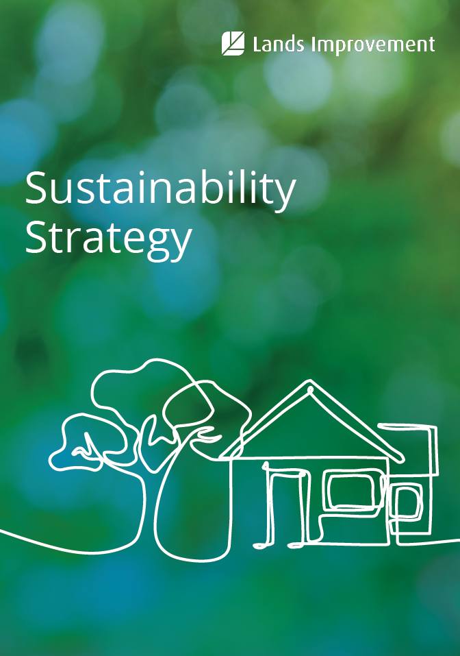 Green and blue blurred background with white text "Sustainability Strategy" and Lands Improvement logo. Simple line drawing of tree and house below.