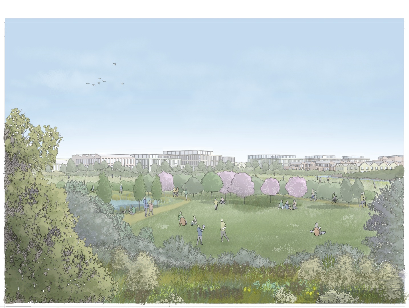 Watercolour illustration showing green parkland with scattered pink and green trees, small figures, and grey buildings on horizon under pale blue sky.