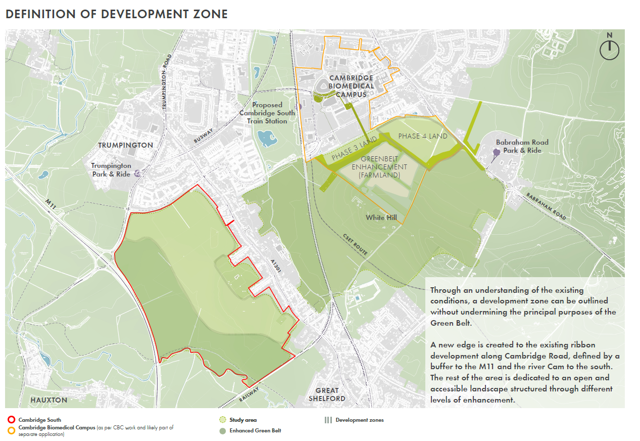 Map showing development zone boundaries in green shaded areas with white urban sections and yellow highlighted regions near Cambridge.