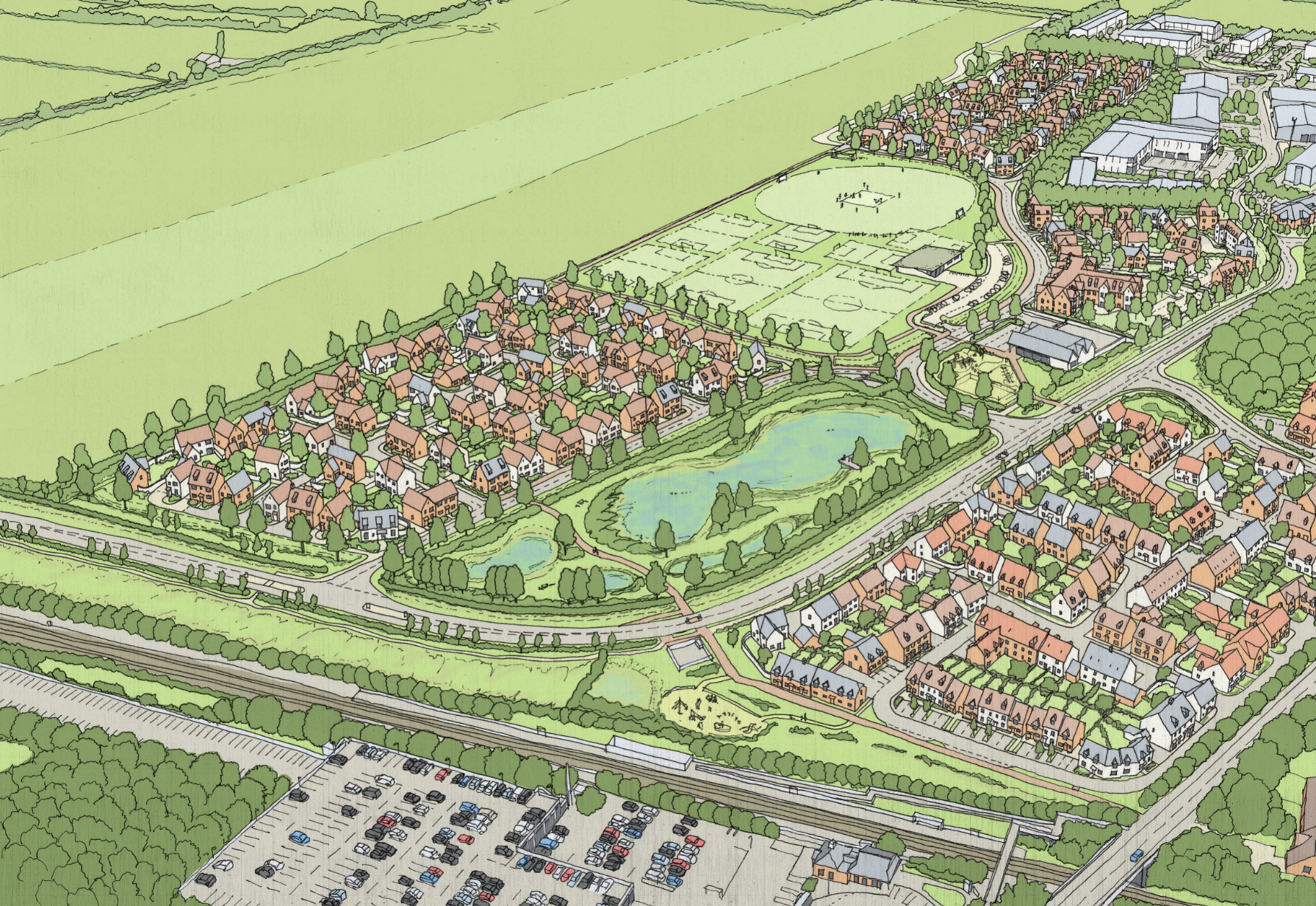 Aerial illustration of residential development with red-roofed houses, green fields, blue water features, and grey roads in planned layout.