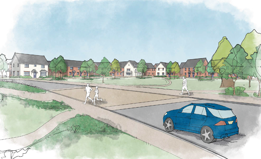 Watercolour illustration showing blue car on road with residential houses in background, green trees and grass, light blue sky.