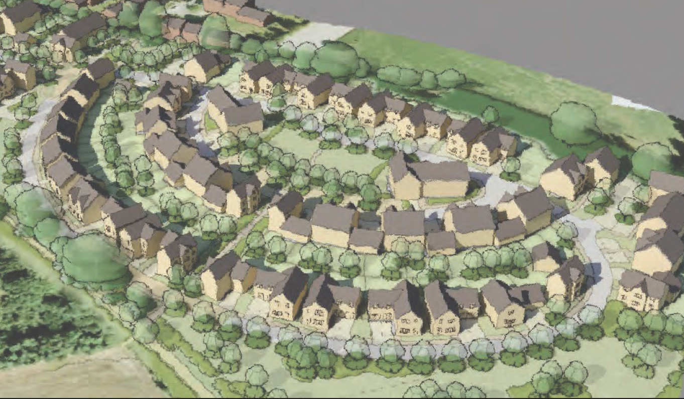 Aerial view of circular housing development with curved roads, beige houses with dark roofs, surrounded by green trees and fields.