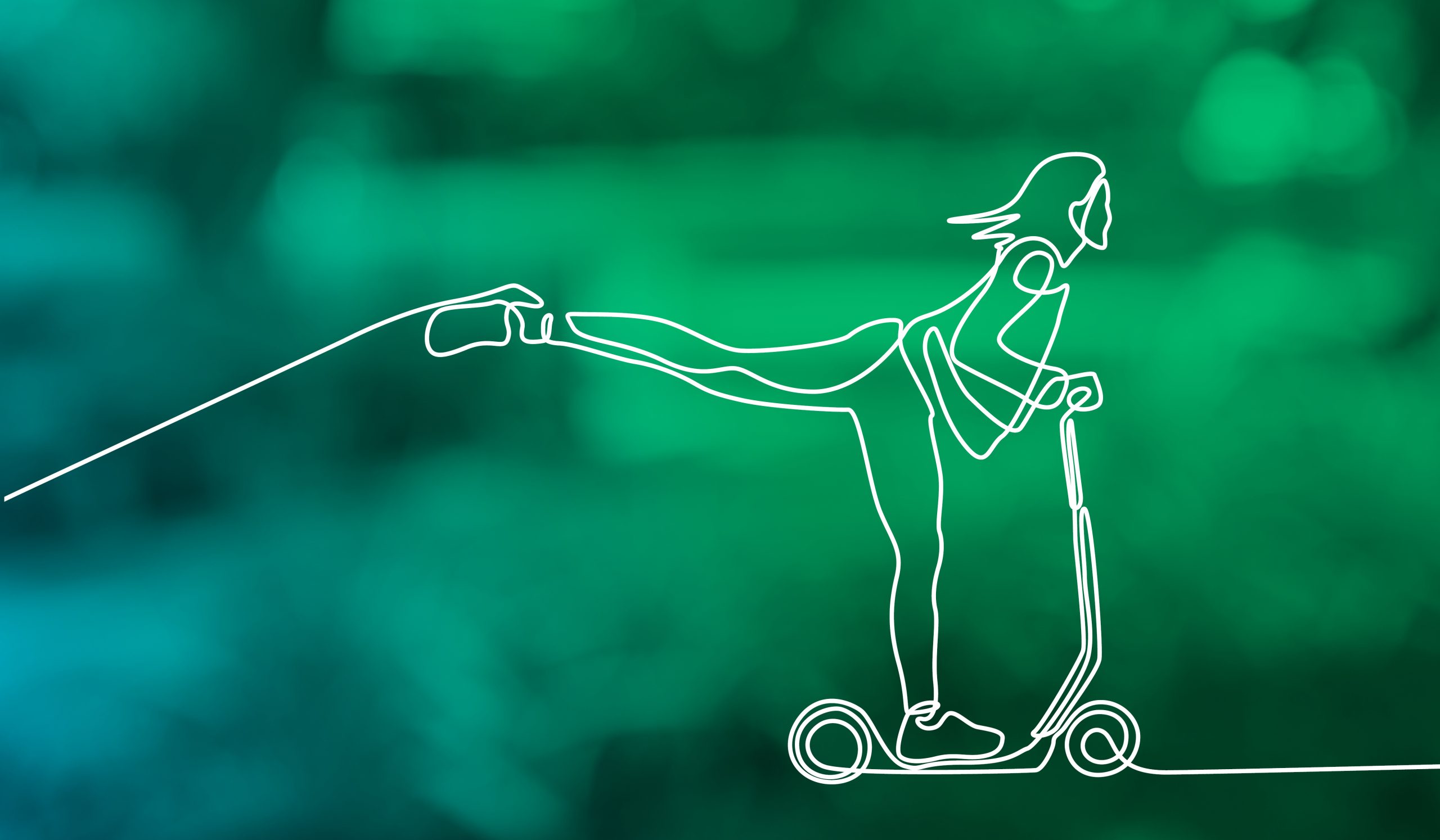 White line drawing of figure on scooter with extended arm against blurred green background.